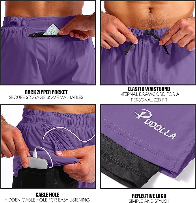 Pudolla Men’s 2 in 1 Running Shorts 5" Quick Dry Gym Athletic Workout Shorts for Men with Phone Pockets