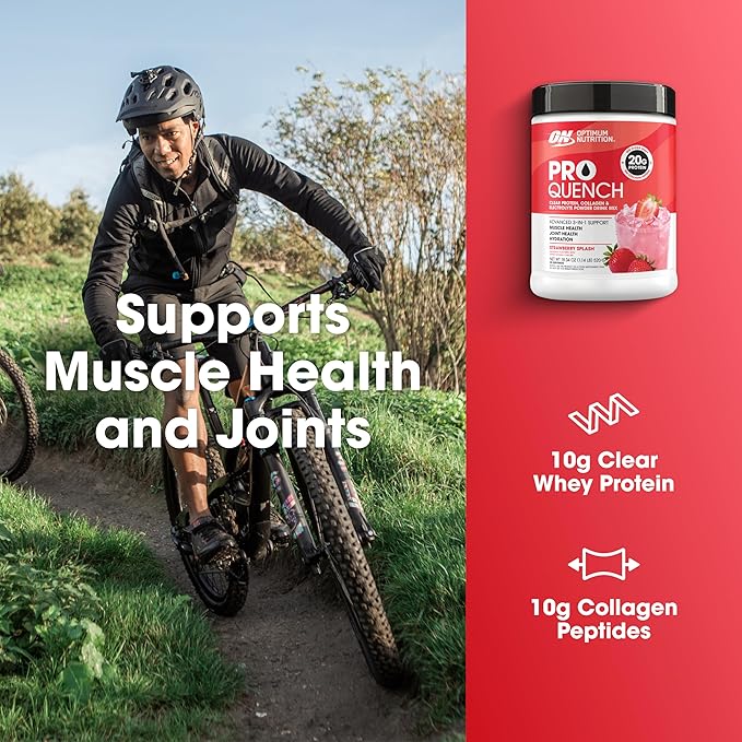 Optimum Nutrition Pro Quench, 10g Clear Protein, 10g Collagen peptides & Electrolyte Powder Drink Mix, Strawberry, 20 Servings, 520 Grams (Packaging May Vary)