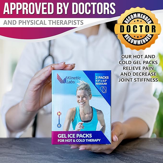 Gel Ice Packs for Injuries Reusable (2 Pack) 9.5" x 4.5" – Gel Cold Soft Ice Pack by Kinetic Labs – Flexible & Soft Packs for Knee, Shoulder, Back (Regular)